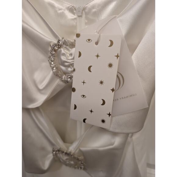 Gigi's June Satin Midi Dress White Cutout Swarovski Stone Bridal Wedding Bride - Picture 6 of 9